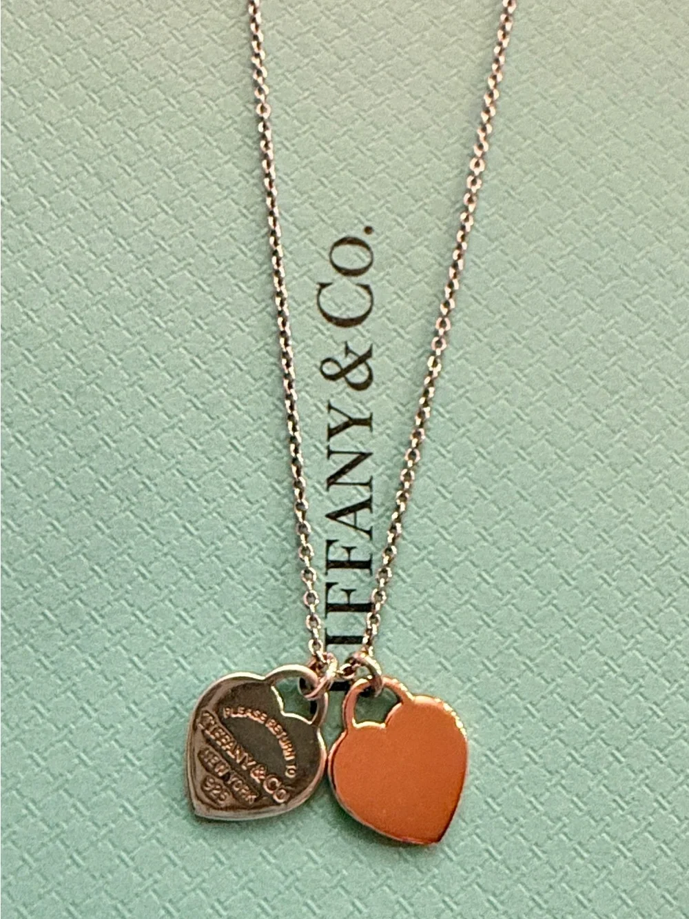 Tiffany & Co. Double Heart Tag Pendant Necklace - Silver and Rose Gold